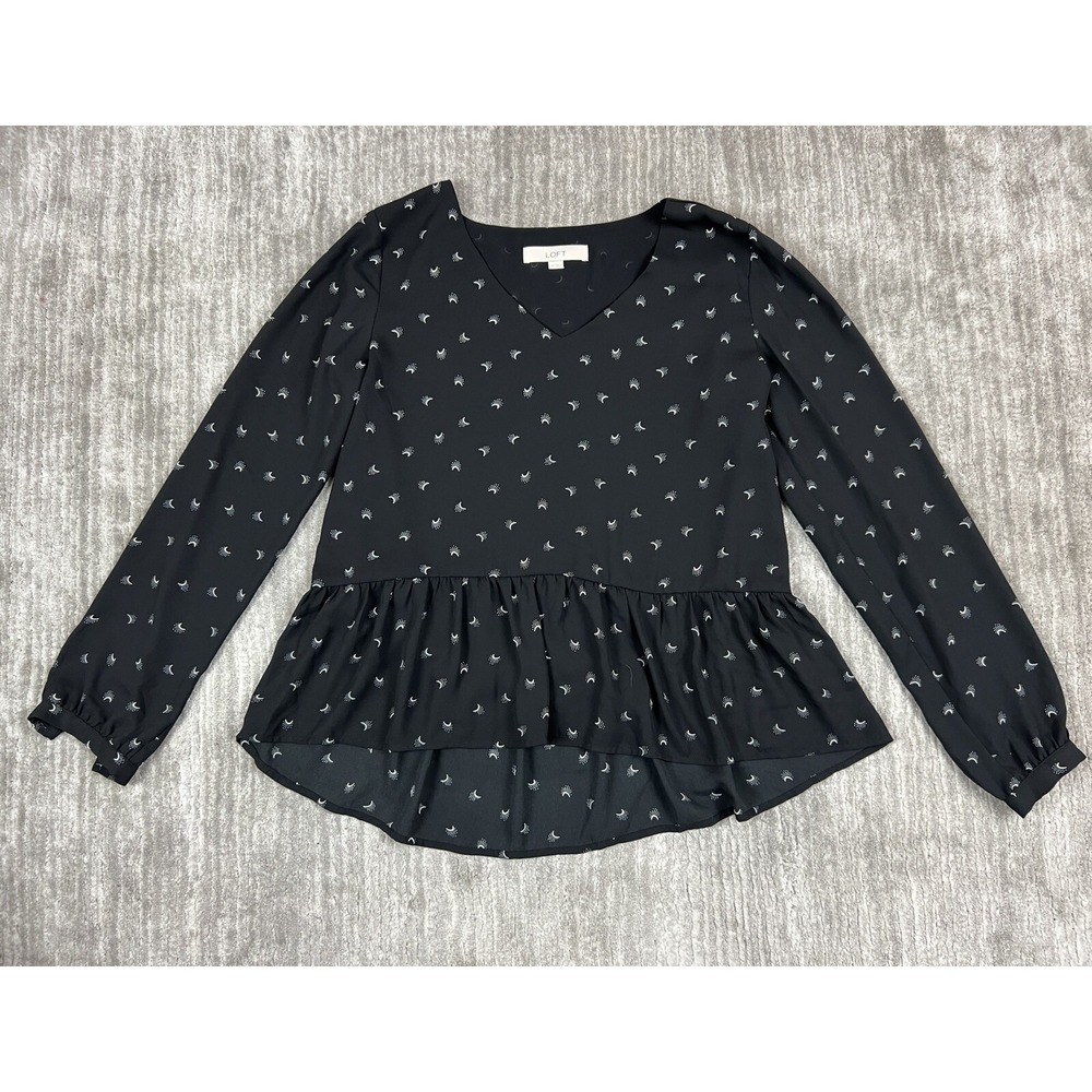 LOFT Peplum Top Womens XS Black Celestial Moon Print V-Neck Long Sleeve Blouse